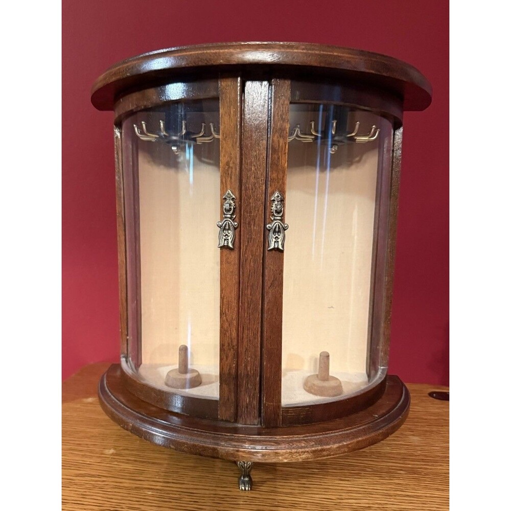 Price Wood Jewelry Cabinet Curved Glass Door Half Round Table Top Necklace Vtg